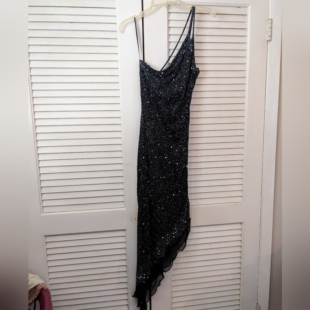 Fully beaded asymmetrical gown